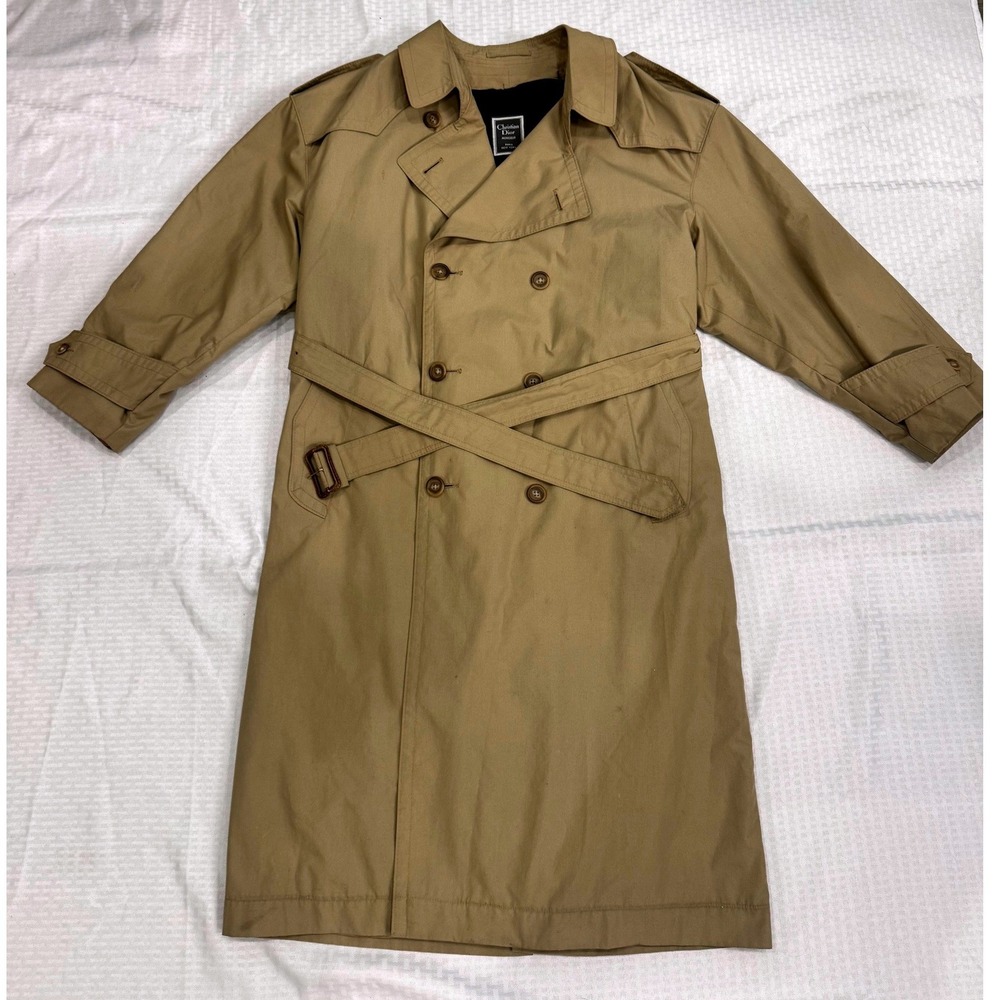 Vintage Christian Dior Monsieur Trench Coat Men 42R Khaki Belted Double Breasted